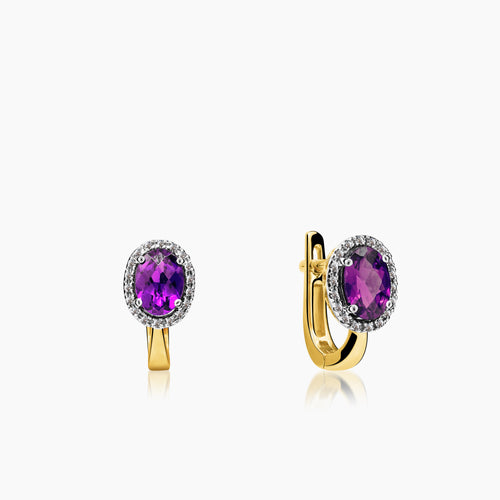 DIAMOND AND AMETHYST LADIES HOOP EARRINGS WITH 36=0.097 / TA2-5x7 MM CARAT DIAMONDS IN 14K YELLOW GOLD