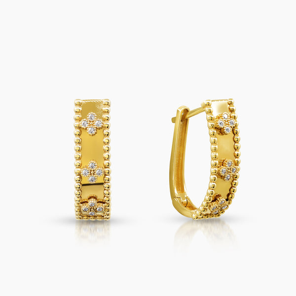 BEADED CLOVER WITH CUBIC ZIRCONIA (CZ) STONE LADIES HOOP EARRINGS IN (SAUDI) 18K YELLOW GOLD