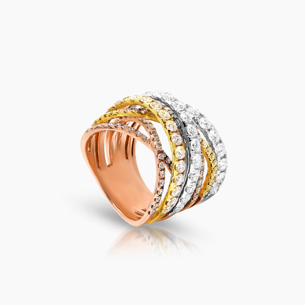 7 - DIAMOND TRI-COLOR MULTI LINE LADIES RING WITH 13.4 / 12.64 CARAT DIAMONDS IN (SAUDI) 18K YELLO, WHITE AND  ROSE GOLD