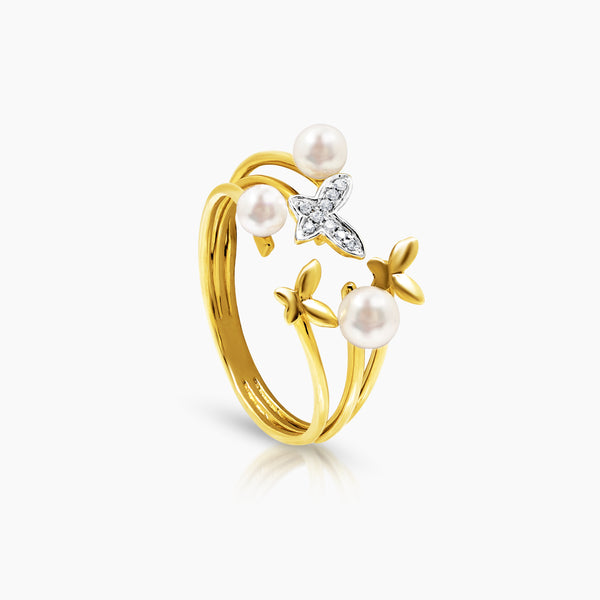 6.5 - ROUND WHITE FRESH WATER PEARL AND BUTTERFLIES LADIES RING WITH 9=0.045 / 2.3 - 3.4 / 4-5 MM CARAT DIAMONDS IN 14K YELLOW AND WHITE GOLD