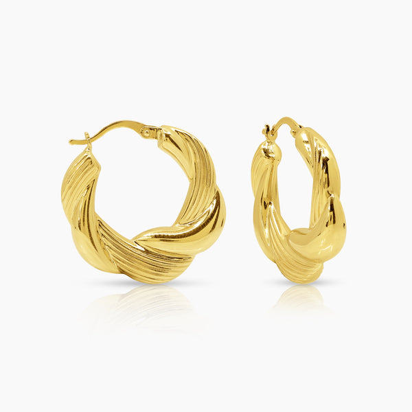 TEXTURED TWISTED ROUND LADIES HOOP EARRINGS IN (SAUDI) 18K YELLOW GOLD