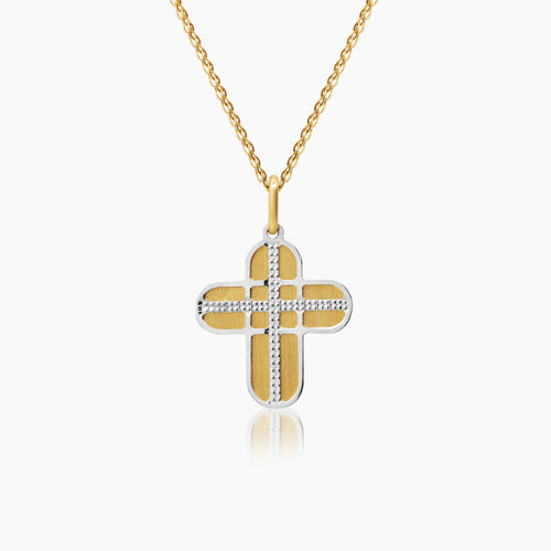 TWO TONE CROSS NECKLACE AND PENDANT IN (ITALIAN) 14K YELLOW AND WHITE GOLD