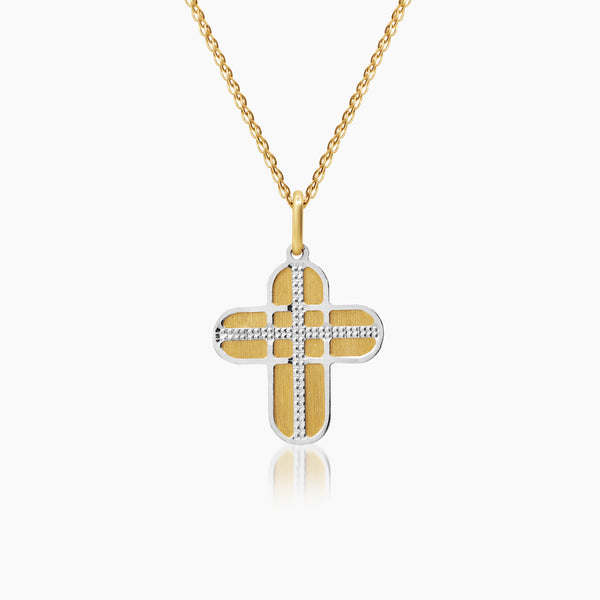 TWO TONE CROSS NECKLACE AND PENDANT IN (ITALIAN) 14K YELLOW AND WHITE GOLD