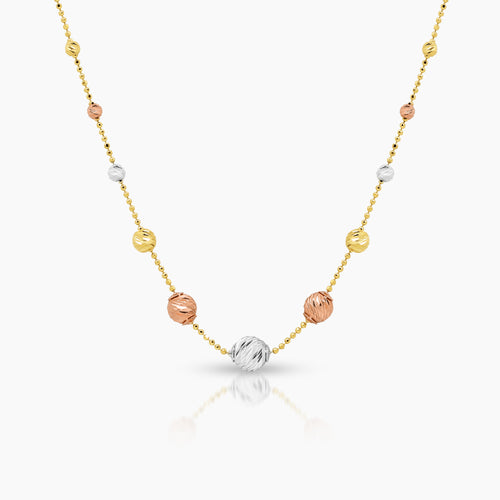 TRI-COLOR TEXTURED BEADS LADIES NECKLACE IN (SAUDI) 18K YELLOW, WHITE AND ROSE GOLD