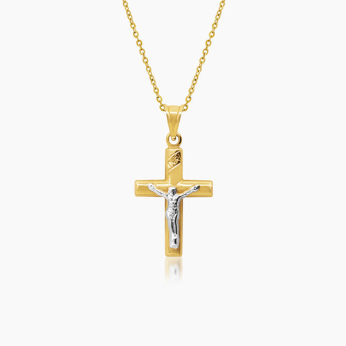 TWO TONE CRUCIFIX NECKLACE AND PENDANT IN (SAUDI) 18K YELLOW AND WHITE GOLD