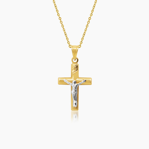 TWO TONE CRUCIFIX NECKLACE AND PENDANT IN (SAUDI) 18K YELLOW AND WHITE GOLD