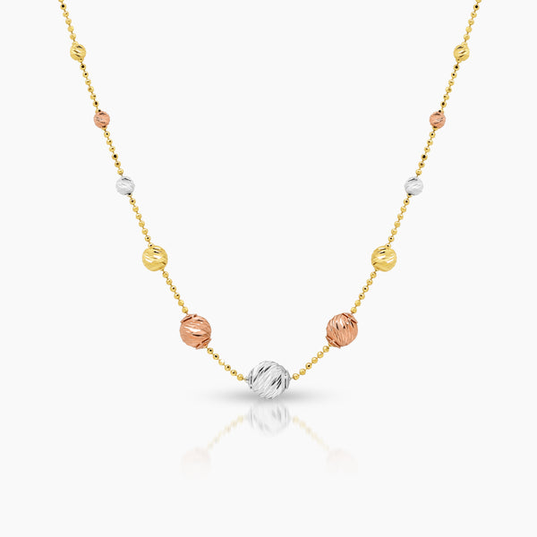 TRI-COLOR TEXTURED BEADS LADIES NECKLACE IN (SAUDI) 18K YELLOW, WHITE AND ROSE GOLD