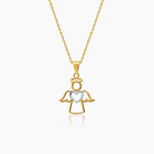 TWO TONE HEART ANGEL LADIES NECKLACE AND PENDANT IN (ITALIAN) 18K YELLOW GOLD