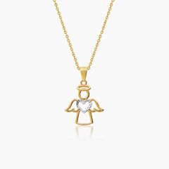 TWO TONE HEART ANGEL LADIES NECKLACE AND PENDANT IN (ITALIAN) 18K YELLOW GOLD