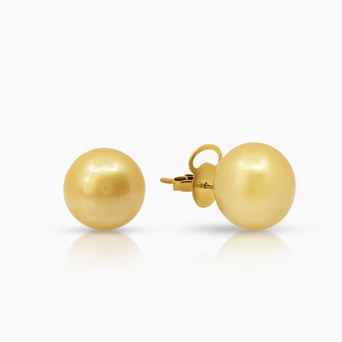 SEMI-ROUND GOLD SOUTH SEA PEARL LADIES STUD EARRINGS IN 14K YELLOW GOLD