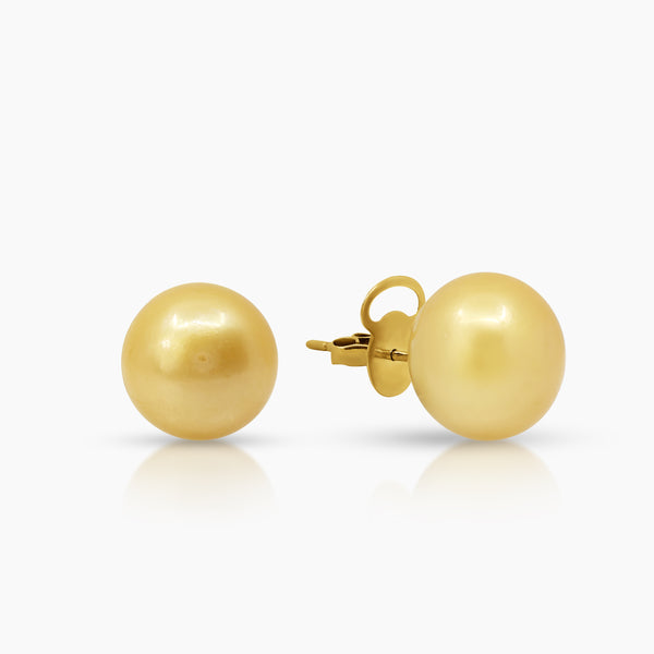 SEMI-ROUND GOLD SOUTH SEA PEARL LADIES STUD EARRINGS IN 14K YELLOW GOLD