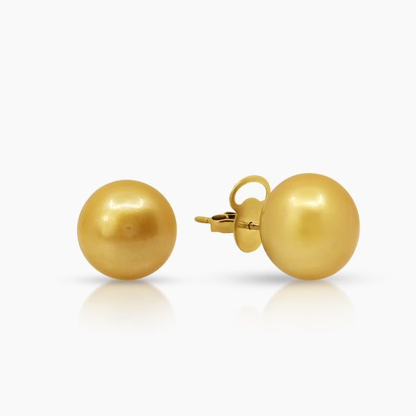 SEMI-ROUND GOLD SOUTH SEA PEARL LADIES STUD EARRINGS IN 14K YELLOW GOLD