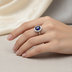 7 - DIAMOND AND SAPPHIRE LADIES RINGS WITH 1SAPPAZ=0.96 / 14=0.X CARAT DIAMONDS IN 18K WHITE GOLD