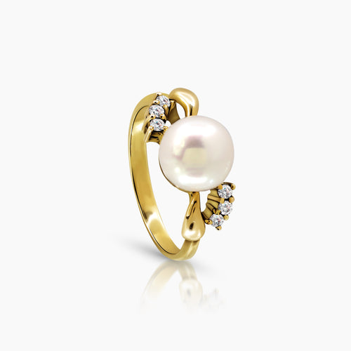 6 - 8 MM - ROUND WHITE FRESH WATER PEARL LADIES RING WITH 6=0.087 / 2.7 / 2.0 CARAT DIAMONDS 14K YELLOW GOLD