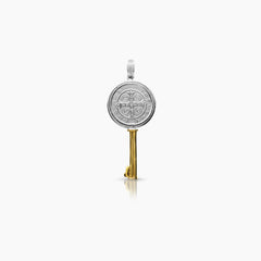 TWO TONE SAINT BENEDICT KEY MEDAL 28 mm (H) X 13 mm (L) IN (ITALIAN) 14K YELLOW AND WHITE GOLD