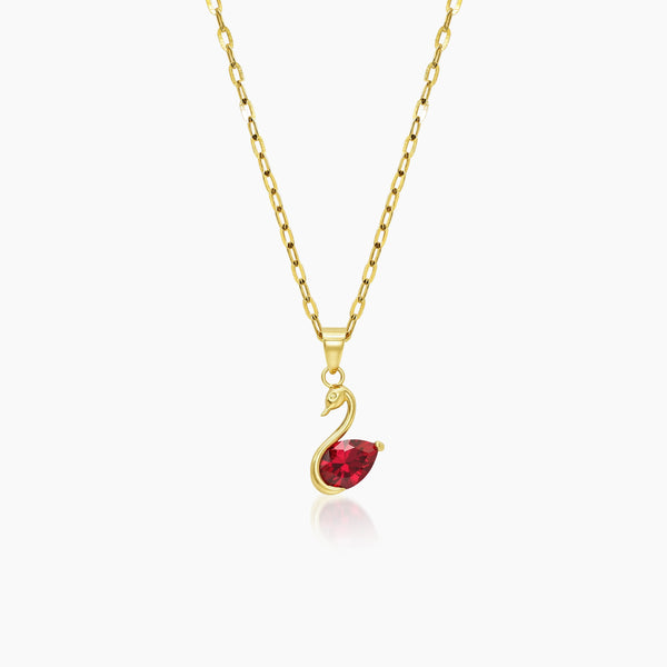 SWAN NECKLACE AND PENDANT WITH RED BIRTHSTONE IN (SAUDI) 18K YELLOW GOLD