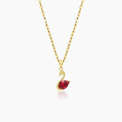 SWAN NECKLACE AND PENDANT WITH RED BIRTHSTONE IN (SAUDI) 18K YELLOW GOLD