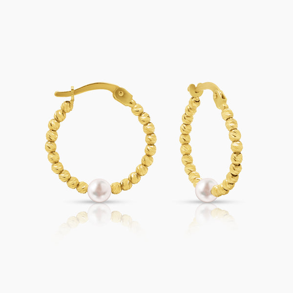 PEARL WITH TEXTURED BEADS LADIES HOOP EARRINGS IN (SAUDI) 18K YELLOW GOLD