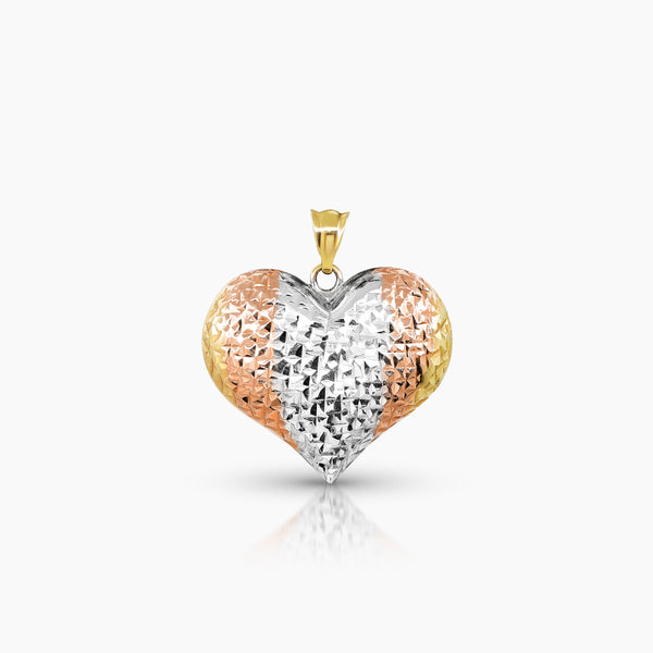 TRI-COLOR DIAMOND CUT HEART PENDANT (20 MM X 21 MM) IN (SAUDI) 18K YELLOW, WHITE AND ROSE GOLD