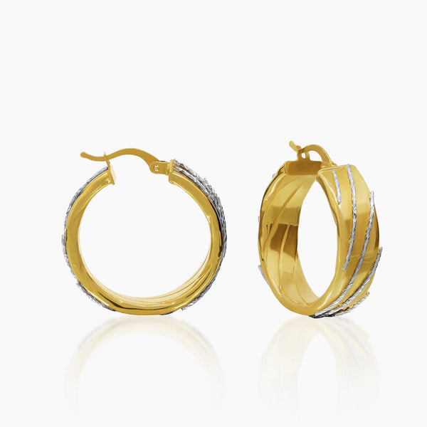 TWO-TONE LADIES HOOP EARRINGS WITH WHITE GOLD ACCENTS IN (SAUDI) 18K YELLOW GOLD