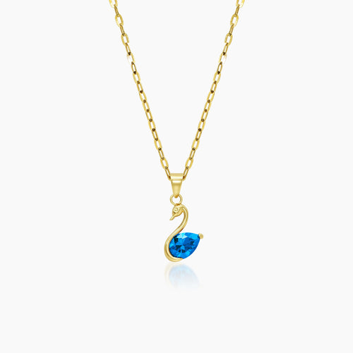 SWAN NECKLACE AND PENDANT WITH BLUE BIRTHSTONE IN (SAUDI) 18K YELLOW GOLD