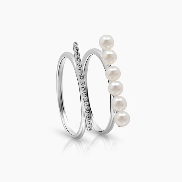 7 - ROUND WHITE FRESH WATER PEARL STACK LADIES RING 3-5 MM / 10 / 2.8 IN 14K WHITE GOLD