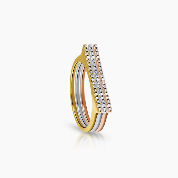 7 - TRI-COLOR DIAMOND STACKER LADIES RINGS WITH (YELLOW) 18=0.05 / 1.60 / 1.6, (WHITE) 18=0.05 / 1.48 / 1.4, (ROSE) 18=0.05 / 1.56 / 1.6  CARAT DIAMONDS IN 14K YELLOW, WHITE AND ROSE GOLD