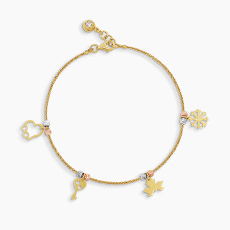 TRI-COLOR SNOW FLAKE, KEY, HEART INFINITY AND LEAF CHARM BRACELET IN (SAUDI) 18K ROSE GOLD