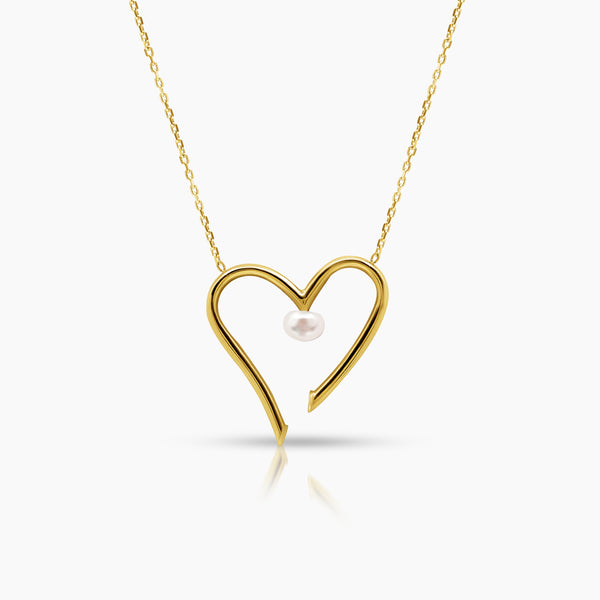 HEART WITH WHITE PEARL LADIES NECKLACE AND PENDANT IN 18K YELLOW GOLD