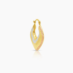 TRI-COLOR TRIANGULAR LADIES HOOP EARRINGS IN (SAUDI) 18K YELLOW, WHITE AND ROSE GOLD