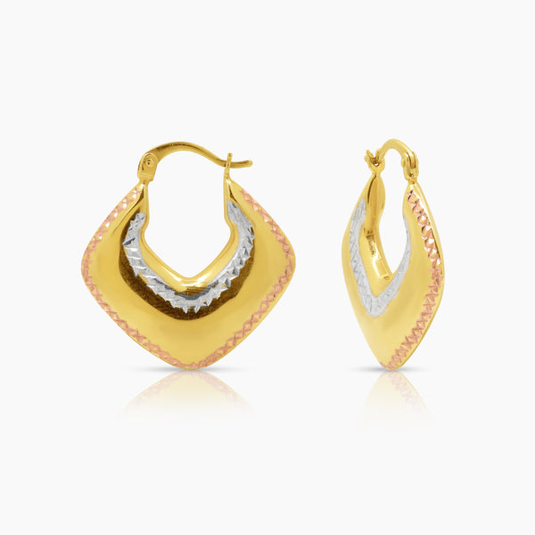 TRI-COLOR TRIANGULAR LADIES HOOP EARRINGS IN (SAUDI) 18K YELLOW, WHITE AND ROSE GOLD