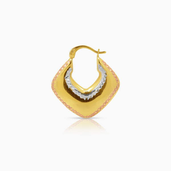 TRI-COLOR TRIANGULAR LADIES HOOP EARRINGS IN (SAUDI) 18K YELLOW, WHITE AND ROSE GOLD