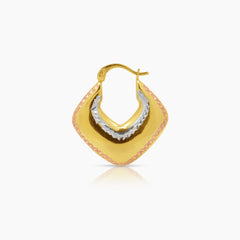 TRI-COLOR TRIANGULAR LADIES HOOP EARRINGS IN (SAUDI) 18K YELLOW, WHITE AND ROSE GOLD