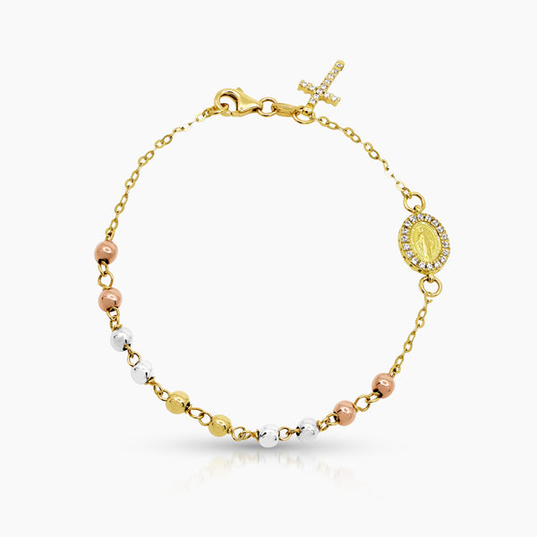 TRI-COLOR MARY MIRACULOUS BRACELET IN (ITALIAN) 18K YELLOW, WHITE AND ROSE GOLD