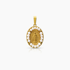 MARY MIRACULOUS PENDANT WITH WHITE PEARLS 23 mm (H) X 18 mm (L) IN 18K YELLOW GOLD