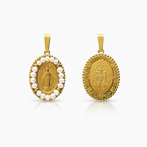 MARY MIRACULOUS PENDANT WITH WHITE PEARLS 23 mm (H) X 18 mm (L) IN 18K YELLOW GOLD