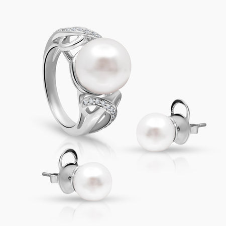 6.5 - WHITE PEARL LADIES RING AND STUD EARRINGS SET WITH DIAMOND 33=0.18 / 8.2 / 1 CARAT DIAMONDS IN 14K WHITE GOLD