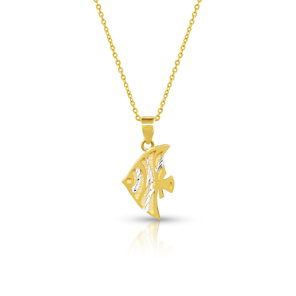 TWO TONE ANGEL FISH LADIES NECKLACE AND PENDANT IN (SAUDI) 18K YELLOW AND WHITE GOLD