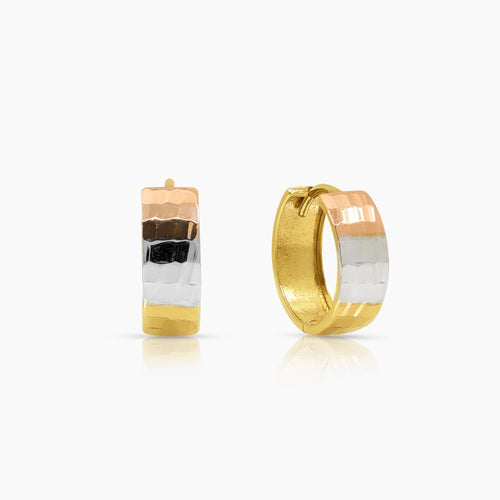 TRI-COLOR TEXTURED LADIES HOOP EARRINGS IN (SAUDI) 18K YELLOW, WHITE AND ROSE GOLD