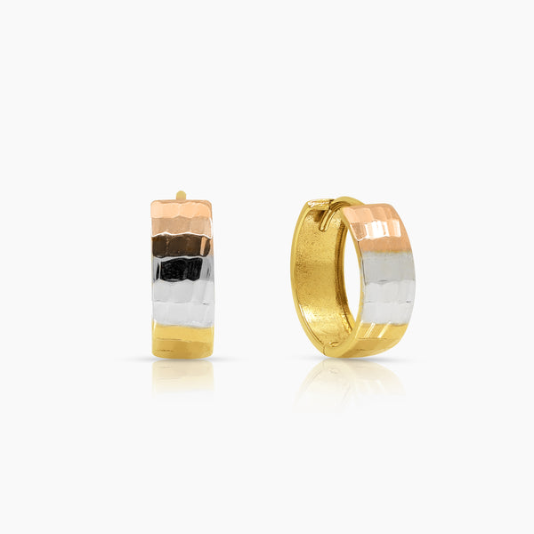 TRI-COLOR TEXTURED LADIES HOOP EARRINGS IN (SAUDI) 18K YELLOW, WHITE AND ROSE GOLD
