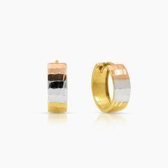 TRI-COLOR TEXTURED LADIES HOOP EARRINGS IN (SAUDI) 18K YELLOW, WHITE AND ROSE GOLD