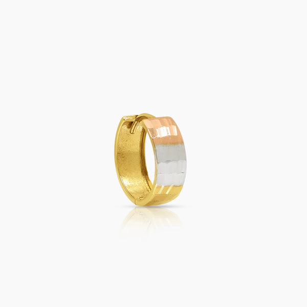 TRI-COLOR TEXTURED LADIES HOOP EARRINGS IN (SAUDI) 18K YELLOW, WHITE AND ROSE GOLD