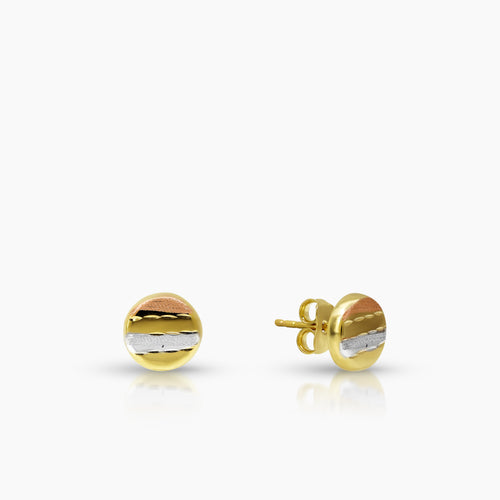 TRI-COLOR BUTTONS LADIES STUD EARRINGS IN (SAUDI) 18K YELLOW, WHITE AND ROSE GOLD