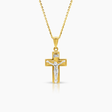 TWO TONE CRUCIFIX NECKLACE AND PENDANT IN (ITALIAN) 14K YELLOW AND WHITE GOLD