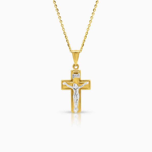TWO TONE CRUCIFIX NECKLACE AND PENDANT IN (ITALIAN) 14K YELLOW AND WHITE GOLD