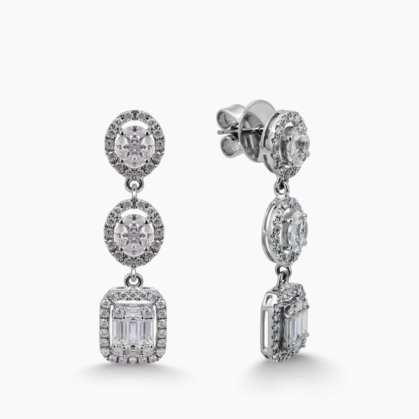 DIAMOND HALO THREE-TIER LINEAR LADIES DANGLE EARRINGS IN 18K WHITE GOLD