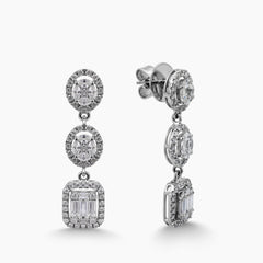 DIAMOND HALO THREE-TIER LINEAR LADIES DANGLE EARRINGS IN 18K WHITE GOLD