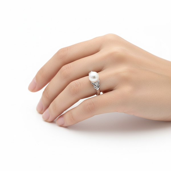 5 - 6.5 MM - ROUND WHITE FRESH WATER PEARL LADIES RING WITH 2=0.05 / 2.5 / 2.0 CARAT DIAMONDS 14K WHITE GOLD