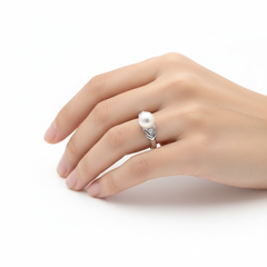 5 - 6.5 MM - ROUND WHITE FRESH WATER PEARL LADIES RING WITH 2=0.05 / 2.5 / 2.0 CARAT DIAMONDS 14K WHITE GOLD