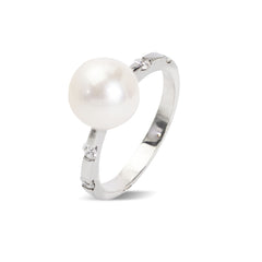 CULTURED PEARL RING WITH DIAMOND IN 14K WHITE GOLD